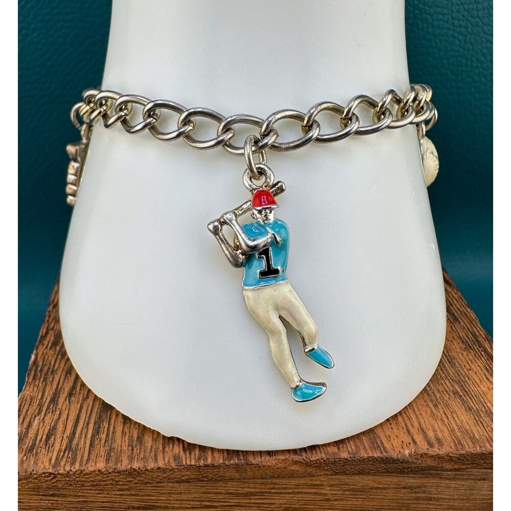 Vintage Baseball Charm Bracelet Silver Tone Enamel Painted Charms 6.5"